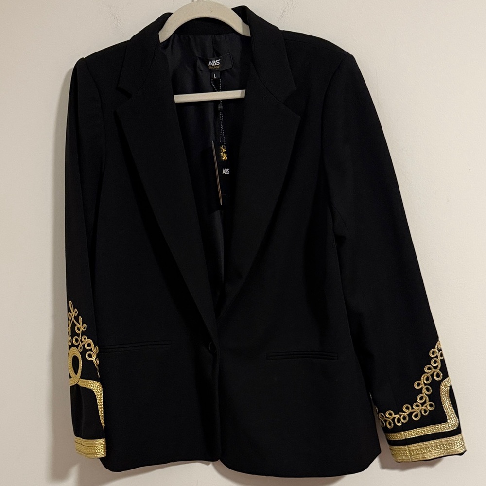 Nwt Abs Allen Schwartz Black Blazer With Gold Embroider Cuff Military Bullion L